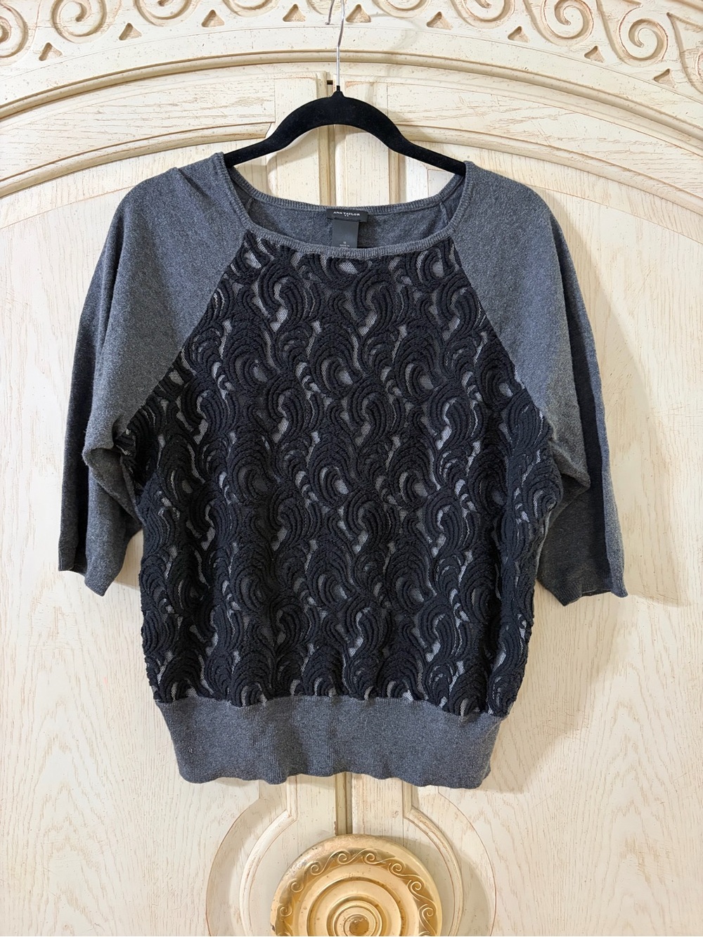 Ann Taylor Gray Knit Raglan Top with Black Lace Front